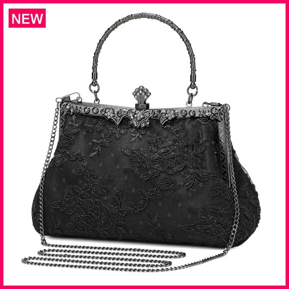 Handbags - Vintage Lace Floral Clutch Evening Bag with Detachable Chain